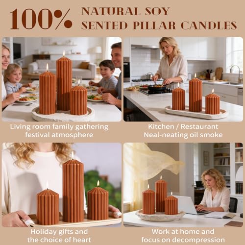 Burnt Orange Ribbed Pillar Candles Set of 3-Spiced Orange,Cinnamon & Clove Scented Soy Wax，Aesthetic Retro Textured Pillar...