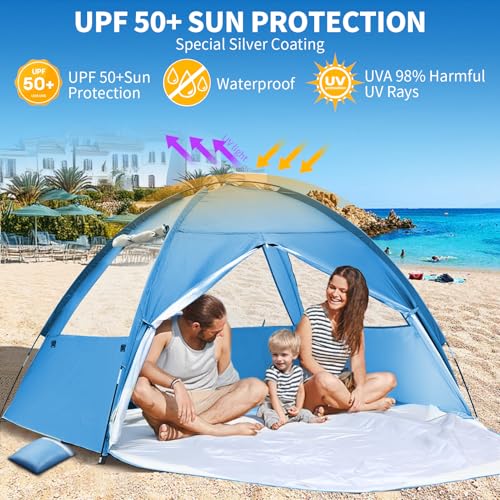 COVACURE 2026 New Upgraded Beach Tent Sun Shelter for 3-4 Person - UPF 50+ UV Protection Beach Shade, Waterproof & Lightwe...