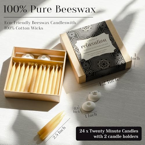 DEYBBY 20 Minute Beeswax Meditation Candles for Relaxation - 24pcs Mini Beeswax Taper Candle Gift Set with 2 Small Candle ...