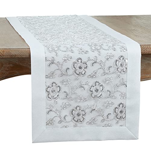 SARO LIFESTYLE Floral Embroidered Table Runner, White, 16"x90"