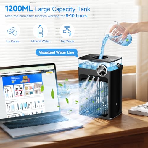 Portable Air Conditioners, 4 in 1 Evaporative Air Cooler with 1200ML Tank, Queit Cooling Fan with Remote Control, 2-8H Tim...
