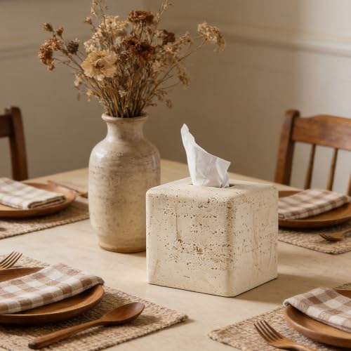 Natural Travertine Textures Tissue Box Cover Square for Home Decor,Resin Heavy Tissue Box Holder for Bathroom Countertop,T...