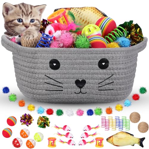 Zopeal 58 Pcs Easter Cat Storage Basket Gift Toys Set, Colorful Flashing Balls Pet Bell Crinkle Balls Spring Toys Attract ...