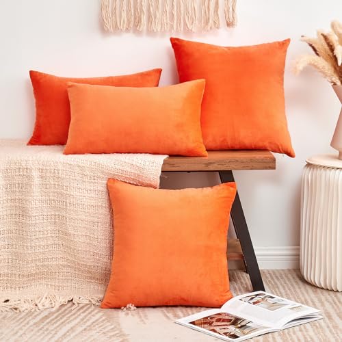 GriNeed Fall Orange Throw Pillow Covers Decorative Velvet Set of 2 18x18 Inch Pillow Covers, Soft Burnt Orange Pillowcases...
