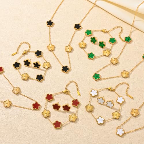 Lucky Clover Neckalce Earring Bracelet Set For Women Gold Plated Stainless Steel Chain Necklace with Flower Design Five Le...