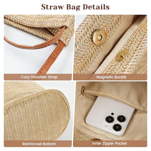 Tavaleu Straw Beach Bags for Women, Tote Handbag Shoulder Bag for Women, Beach Straw Purse Buckets Summer Fashion Hobo Bags