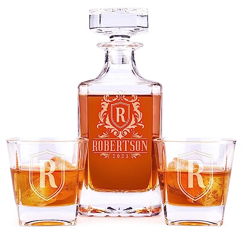 Personalized Whiskey Decanter Set - 5 Design Options - Custom Liquor 25 oz, 750ml Liquor Decanter w/Whiskey Glass Set Opti...