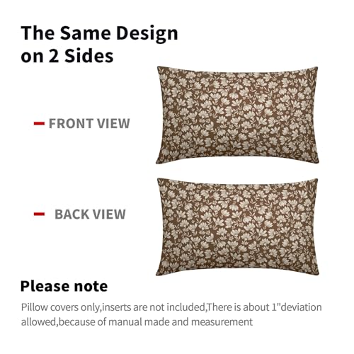Kawani Brown Beige Daisy Floral Lumbar Pillow Covers, Vintage Flowers 12x20 Inch Set of 2, Block Print Cotton Linen Throw ...