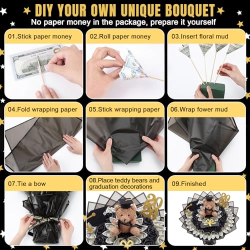 Chunful 143 Pcs Graduation Money Bouquet Kit DIY Flower Bouquet Gifts with Cute Bear Wrapping Paper Graduation Cap Class o...