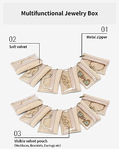 VLANDO Jewelry Travel Case,Travel Jewelry Organizer with Clear Velvet Jewelry Bags Zipper Pouch for Women Girl Gift 12Pcs Bag