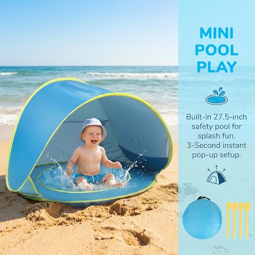 Outdoor Beach Tent with Built-in Kiddie Pool, UPF50+ Sun Shade Canopy, 190T Waterproof Nylon, Portable Cabana for 3-4 Pers...