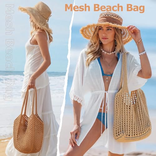 Crochet Tote Beach Bags for Women, Mesh Beach Tote Knit Bag, Summer Vacation Aesthetic Boho Hobo Shoulder Bag