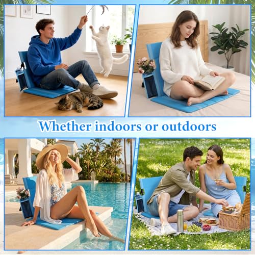 2 Pack Portable Poolside Chairs, Foldable Legless Beach Chairs for Adults with Cup Pocket, Lightweight Ground Seat Small B...