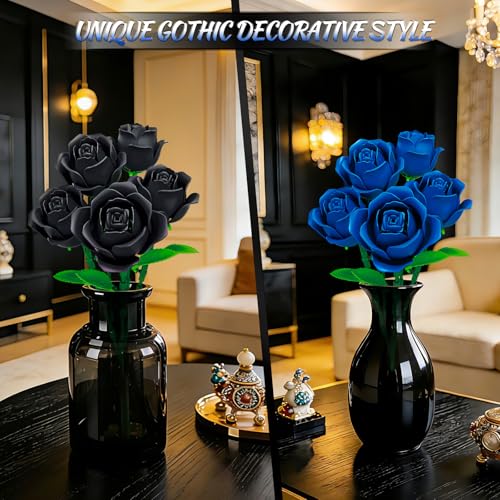 Sitodier 2 in 1 Flower Bouquet Building Set, 5pcs Black and 5pcs Blue Roses for Women Gilrs, Valentine's Day Gift for Love...