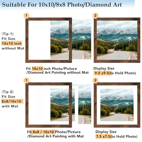 QOTIB Wood 10x10 Picture Frame with 8x8 Mat Deep Brown, Display 8x8 with Mat or 10x10 Without Mat, Wood 10 by 10 Photo Fra...