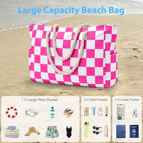 Becokan Beach Bags for Women Checkered Large Beach Tote Bag Zipper Beach Bags Waterproof Sandproof Canvas Swim Pool Bag
