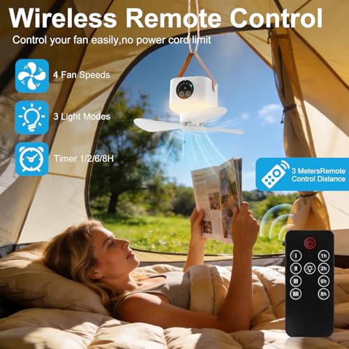 Liomus Portable Camping Fan with Lights,LED Hanging Ceiling Fan With Remote&Timer, 9.25" Wireless Rechargeable Tent Fan,4 ...