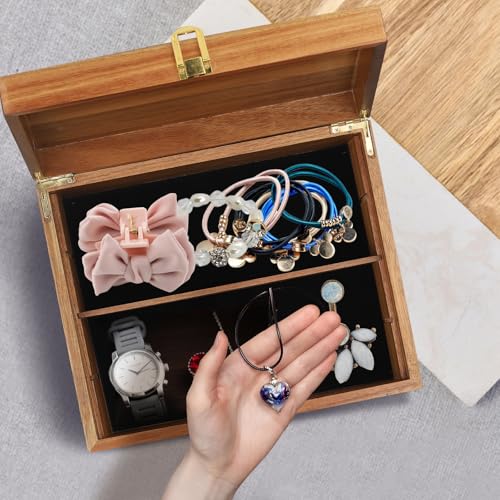 BOTOP Wooden Keepsake Box, Large Acacia Decorative Storage Boxes with a Hinged Lid, Memory Treasure Box with Dividers for ...