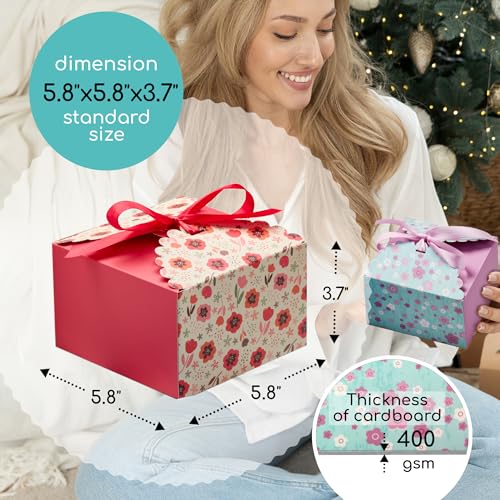 Small Floral Gift Boxes with Lids & Ribbons (20 Pack) 5.8” x 3.7” Empty Decorative Treat Boxes for Gift Giving, Baked Good...