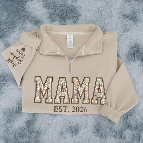 Personalized Floral Embroidered Applique Grandma Quarter Zip Sweatshirt for Women, Custom Grandma Gifts from Grandkids