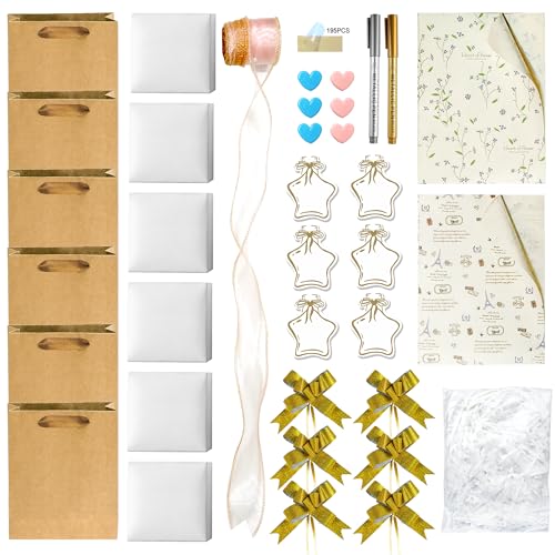 SOHOMEG DIY Gift 6-Set Packaging kit-Includes:Kraft Paper Bag,Metal Pen,Wrapping Paper,Box,tag,Pull Bow,Ribbon,Tape,Clip,S...