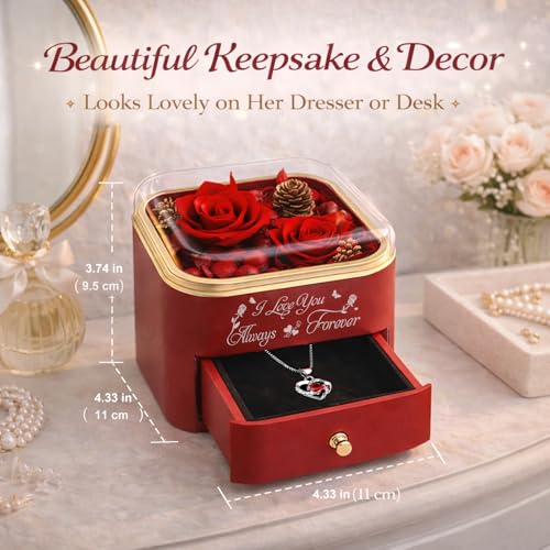 minstely Preserved Rose Gift Box with Necklace for Women, Forever Real Rose Jewelry Box for Mom Wife Girlfriend, Red Flowe...