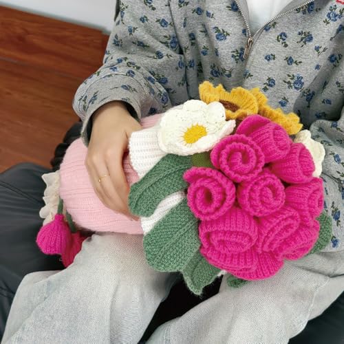 SoffMoiis 2-in-1 Crochet Flower Bouquet Throw Pillow with Blanket, Pillow Cover Holds a Soft White Blanket for Couch, Roma...