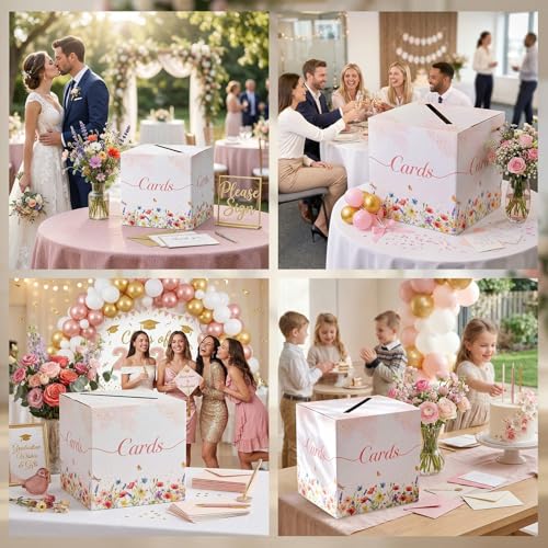 OurWarm White Wedding Card Box, Floral Paperboard Gift Card Box for Party Wedding Reception Decorations, Graduation Money ...