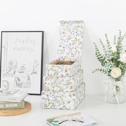 Soul & Lane Decorative Cardboard Storage Boxes, Set of 3 Floral Pattern Keepsake Boxes with Magnetic Closure, Nesting Memo...