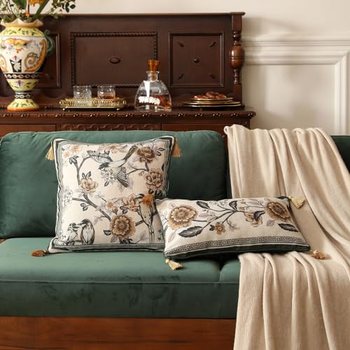 ISAENNE Design Linen Chinoiserie Square Throw Pillow Covers 18"x18", Farmhouse Cushion Covers with Yellow Floral Birds Pat...