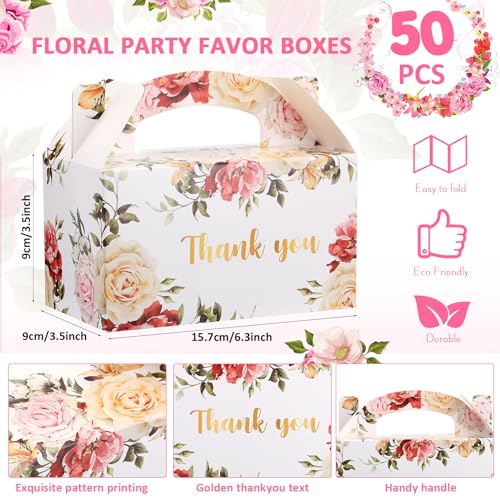 Xinnun 50 Pcs Thank You Treat Boxes Floral Design Gift Boxes Flower Gable Boxes Wedding Party Favor Boxes for Tea Party