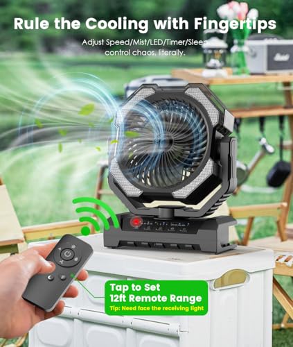 Aopircs Camping Misting Fan - 24000mAh Portable Battery Powered Fans with 9oz Water Tank, Light, Hook - Rechargeable, 120H...