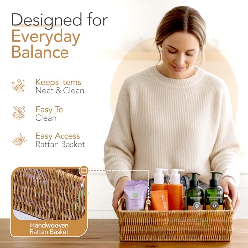 Nature-Inspired Rattan Pantry Organizer Baskets Set of 2 with 3 Removable Dividers – Handwoven Storage Bins for Kitchen or...