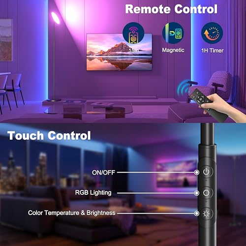 Yikuneng RGB Torchiere Floor Lamps for Living Room, 3600LM 36W Bright LED Standing Lamp with Remote, Modern Color Changing...