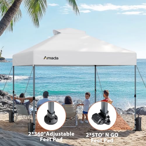 Amada 10x10 Pop Up Canopy Tent, 1-Button Push Easy-up Outdoor Canopy Beach Tent with 3-Height Adjustable Waterproof Shade ...