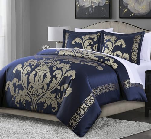 Chezmoi Collection Valor 7-Piece California King Bed in a Bag, Navy/Gold Luxury Jacquard Floral Comforter with Sheets Set ...