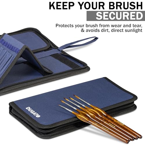 DUGATO Short Paint Brush Holder & Organizer 5.4x10.7 Inches, Blue Canvas Bag for Brushes up to 9.3" Length, Case with 15 S...