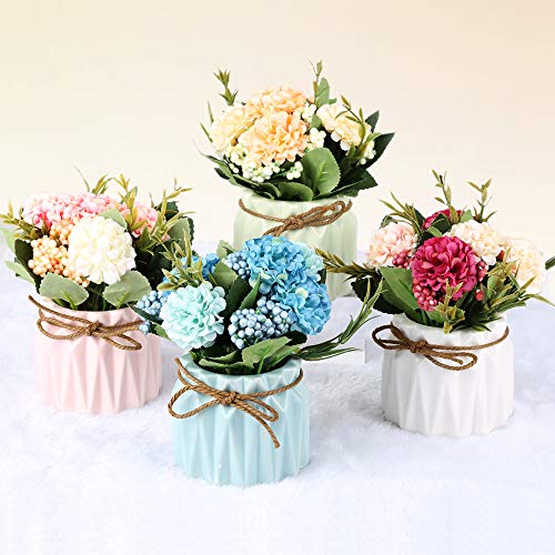SUPNIU Artificial Hydrangea Bouquet with Small Ceramic Vase Fake Silk Variety Flower Balls Flowers Decoration for Table Ho...