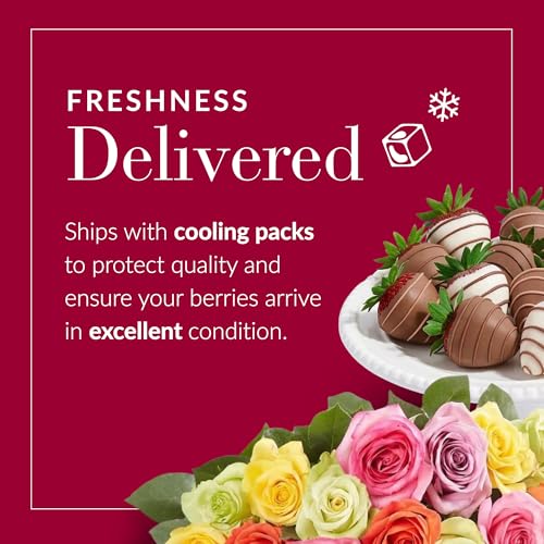 Shari’s Berries 24 Assorted Roses with Vase & 6 Gourmet Chocolate Covered Strawberries Gift Set| Flower & Chocolate Gift D...