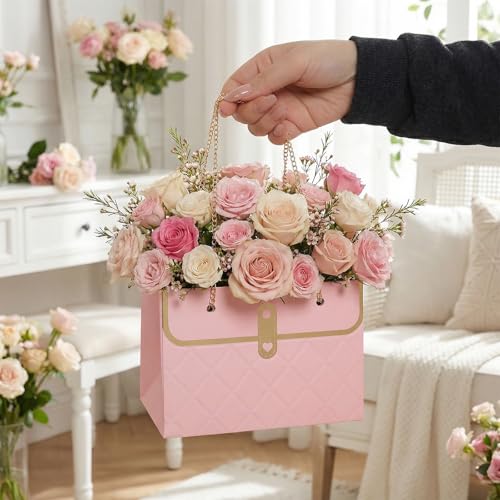 Nfvjfxz 6Pcs Flower Paper Gift Box Bouquet Storage Bucket Handbag Florist Floral Wrap Bag with Metal Chain for Wedding Mot...