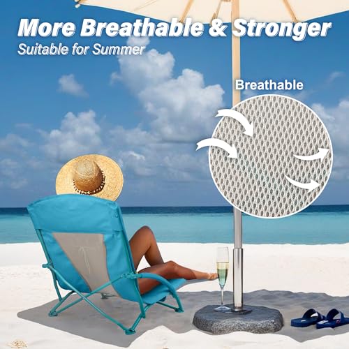 Low Beach Chairs 2 Pack,Folding Compact Low Seat Chairs for Adults w/Mesh Back& Storage Bag,Heavy Duty Chair for Outdoor S...