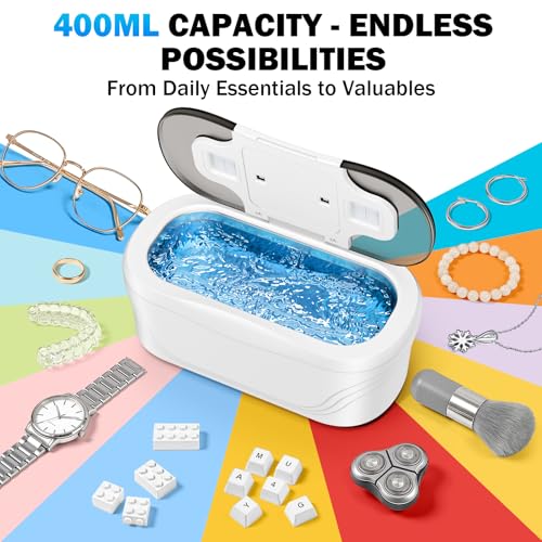 Ultrasonic Cleaner, 48KHz Jewelry Cleaner 400ML, Ultrasonic Retainer Cleaner for Eyeglasses Rings Watch Band Necklace Eari...