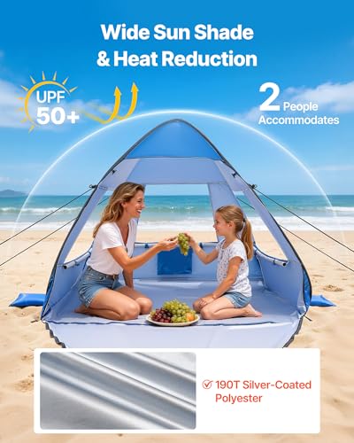 VEVOR Beach Tent Sun Shelter for 2 Person, UPF 50+ Protection, Portable Sun Shade Beach with Carrying Bag & Sand Pockets, ...