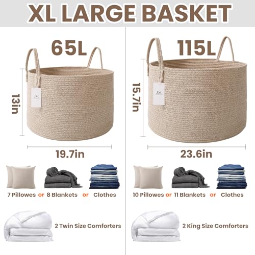 JMvicyroam 65L Extra Large Blanket Basket for Living Room - Woven Cotton Rope Laundry Hamper with Reinforced Handles - Sto...