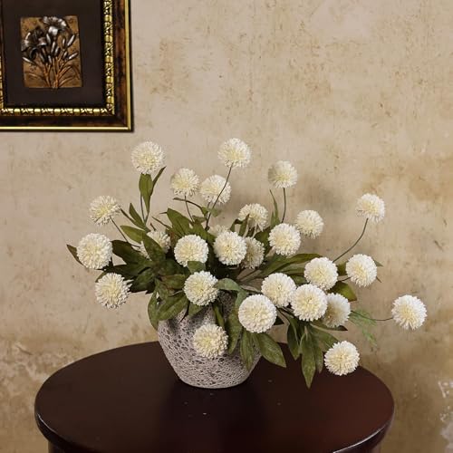 VIERENA 6 Pcs Faux Silk Pompon Mum Artificial Flowers for Vase -27", Bulk Fake Chrysanth Branches with Stems for DIY Bouqu...