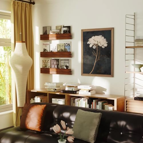 2Pcs Framed Moody Botanical Wall Art with Wood Frame Vintage Queen Anne’s Lace Flower Canvas Paintings Rustic Floral Poste...