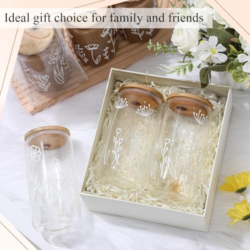 Mumufy 6 Sets Boho Floral Glass Cups with Clear Gift Bag 16 oz Reusable Flower Iced Coffee Mugs Aesthetic Cute Tumbler wit...