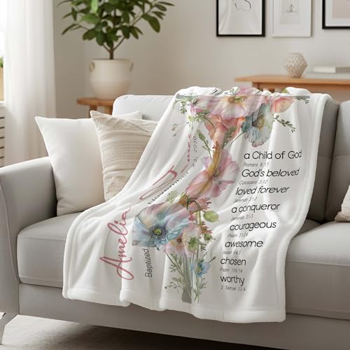 Personalized Baptism Blanket For Baby Girl, Floral Cross Christian Baby Gift, Custom Name Baptism Keepsake With Bible Vers...