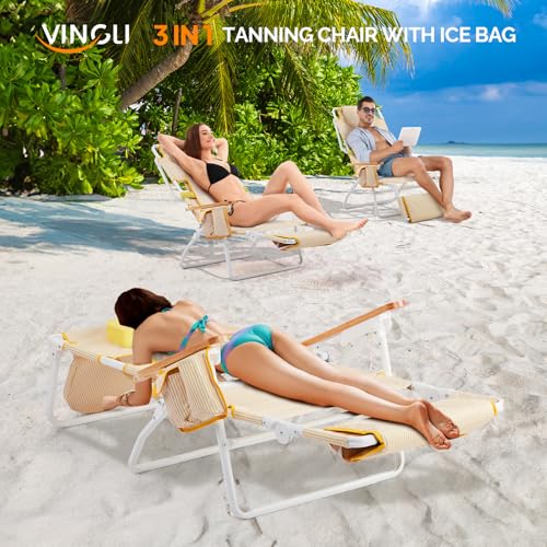 VINGLI Deluxe 3 in1 Beach Chair, Tanning Chair with Face Hole, Reclining Lounge with Foot Rest, Cup Holder and Storage Ba...