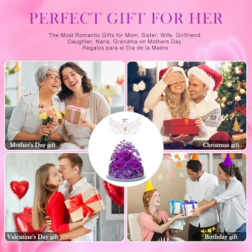 FIACO Gifts for Mom Grandma from Daughter Mothers Day Preserved Roses Forever Flowers in Glass Angel Figurines Fresh Flowe...